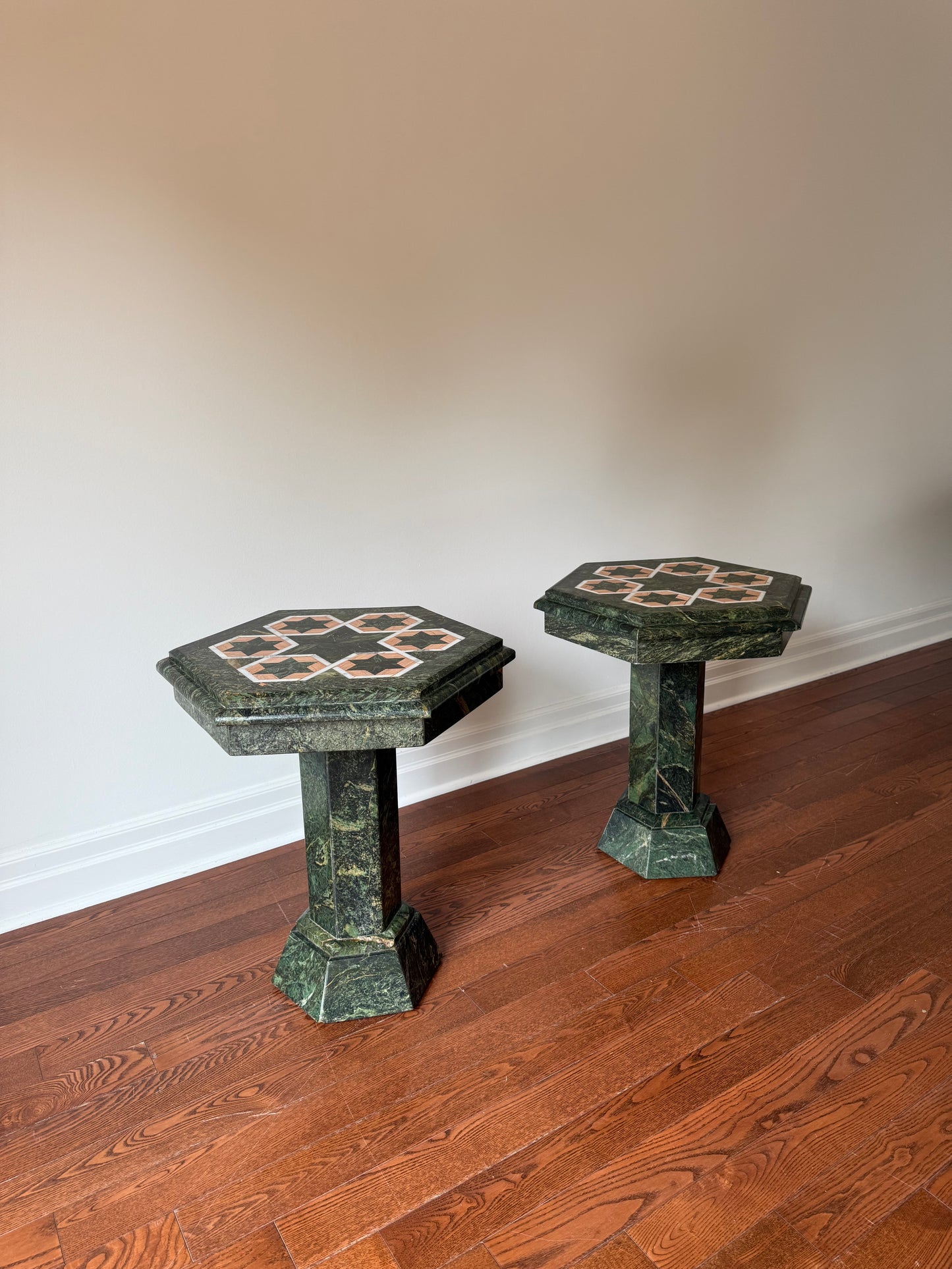 Marble Hexagonal Occasional Pedestal Tables, 1980s