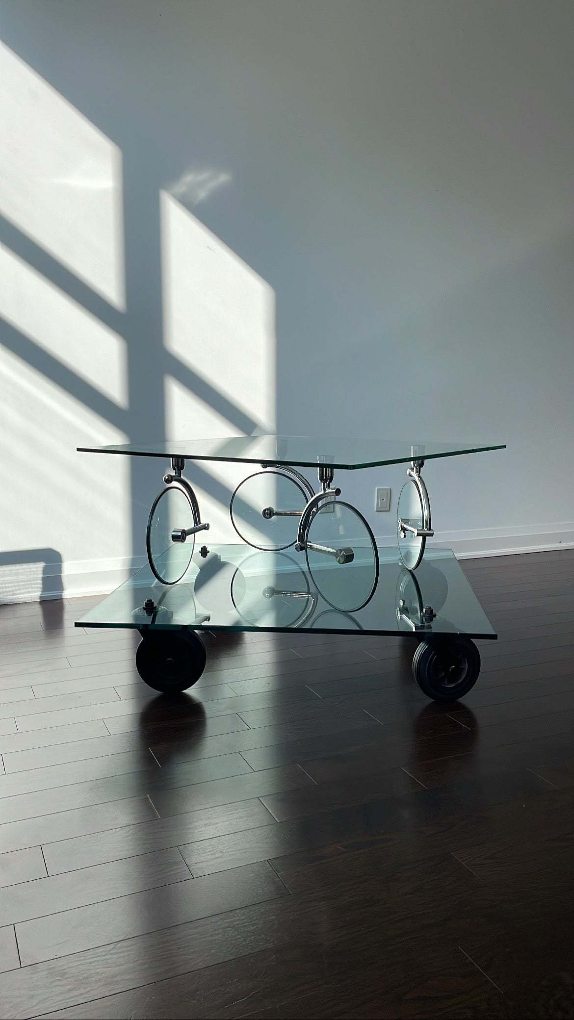 Glass Coffee Table with Wheels by Gae Aulenti