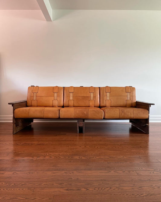 Venezuelan Patchwork Leather & Walnut Sofa