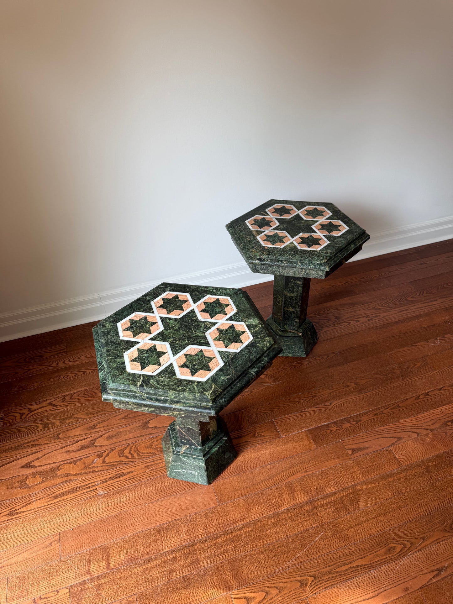 Marble Hexagonal Occasional Pedestal Tables, 1980s