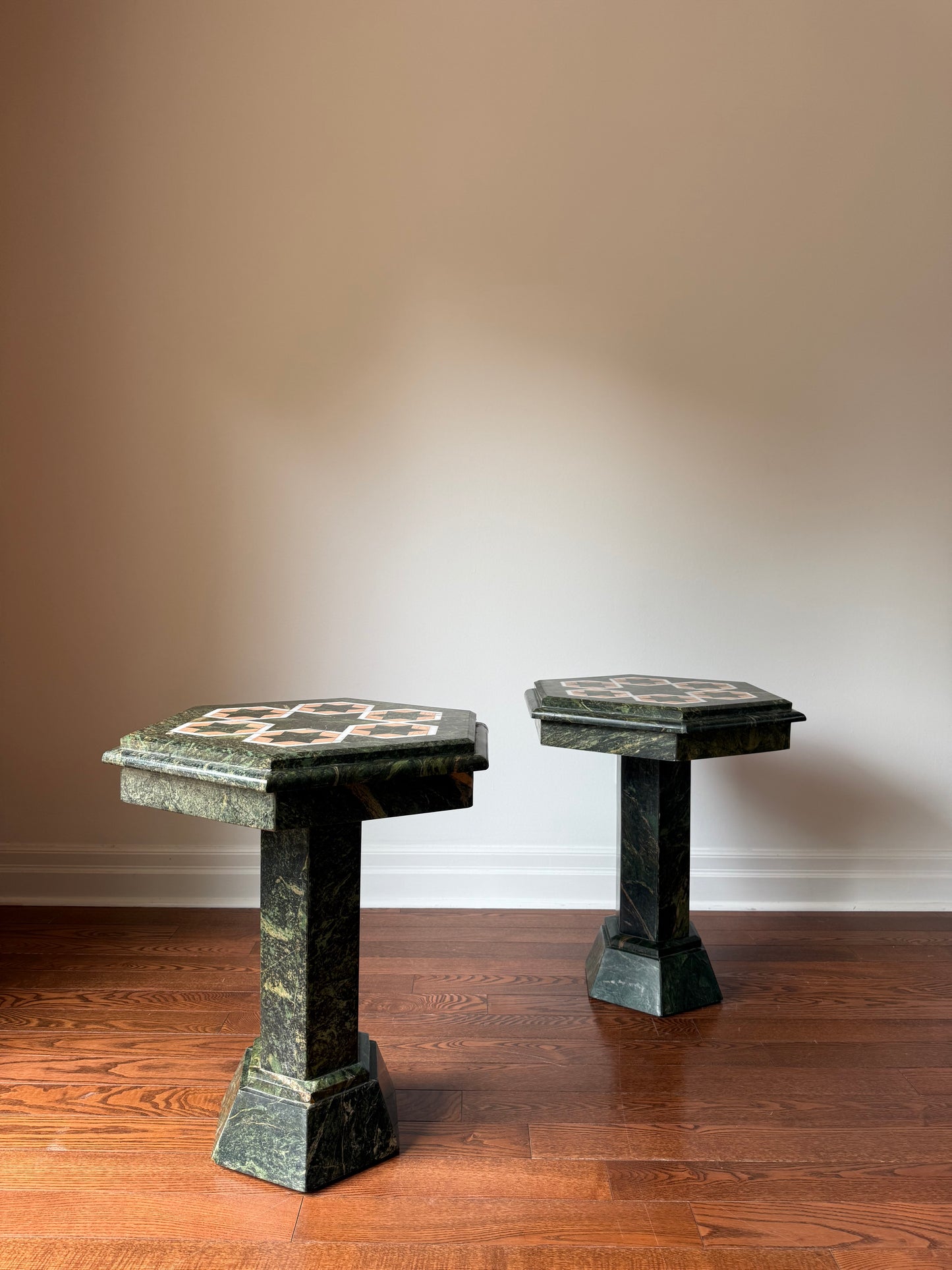Marble Hexagonal Occasional Pedestal Tables, 1980s