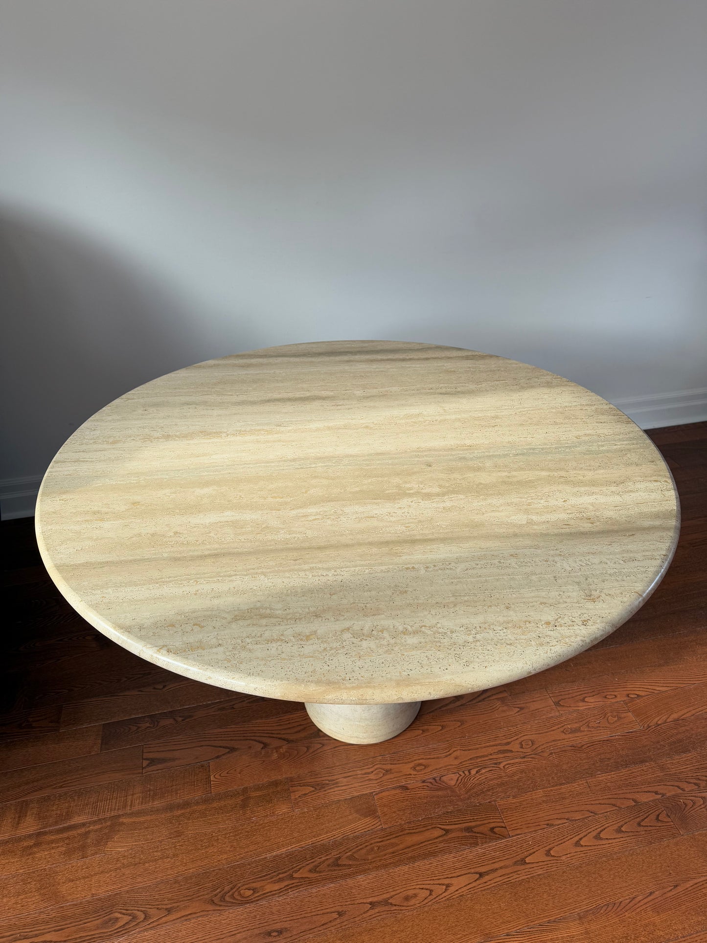 Travertine Pedestal Dining Table, Attributed to Angelo Mangiarotti