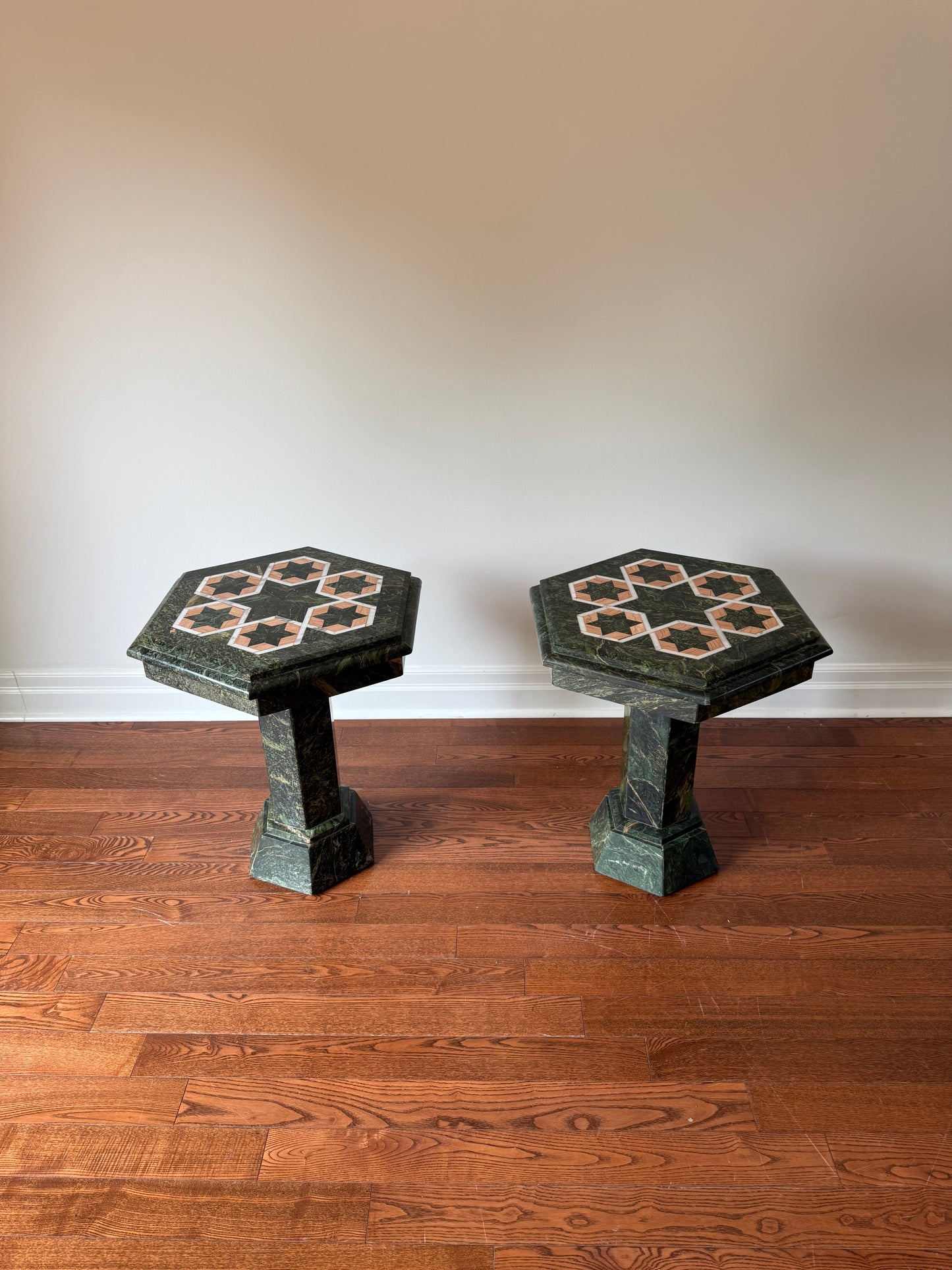 Marble Hexagonal Occasional Pedestal Tables, 1980s