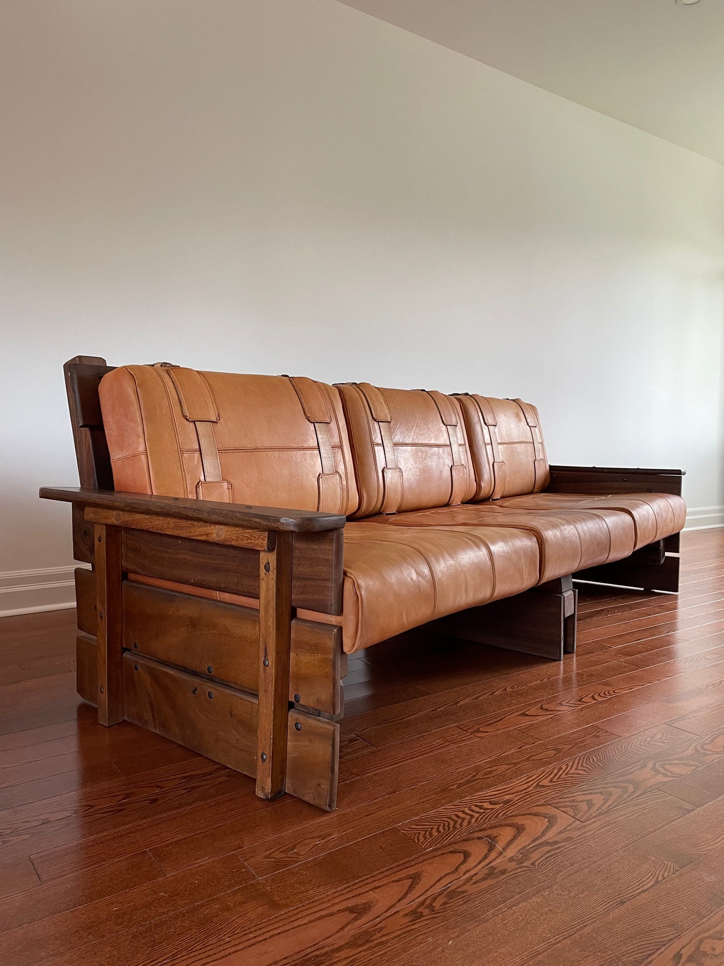 Venezuelan Patchwork Leather & Walnut Sofa