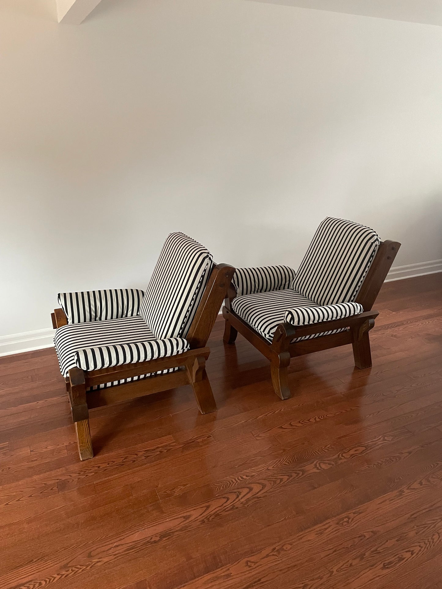 Solid Oak Art Deco Striped Arm Chairs