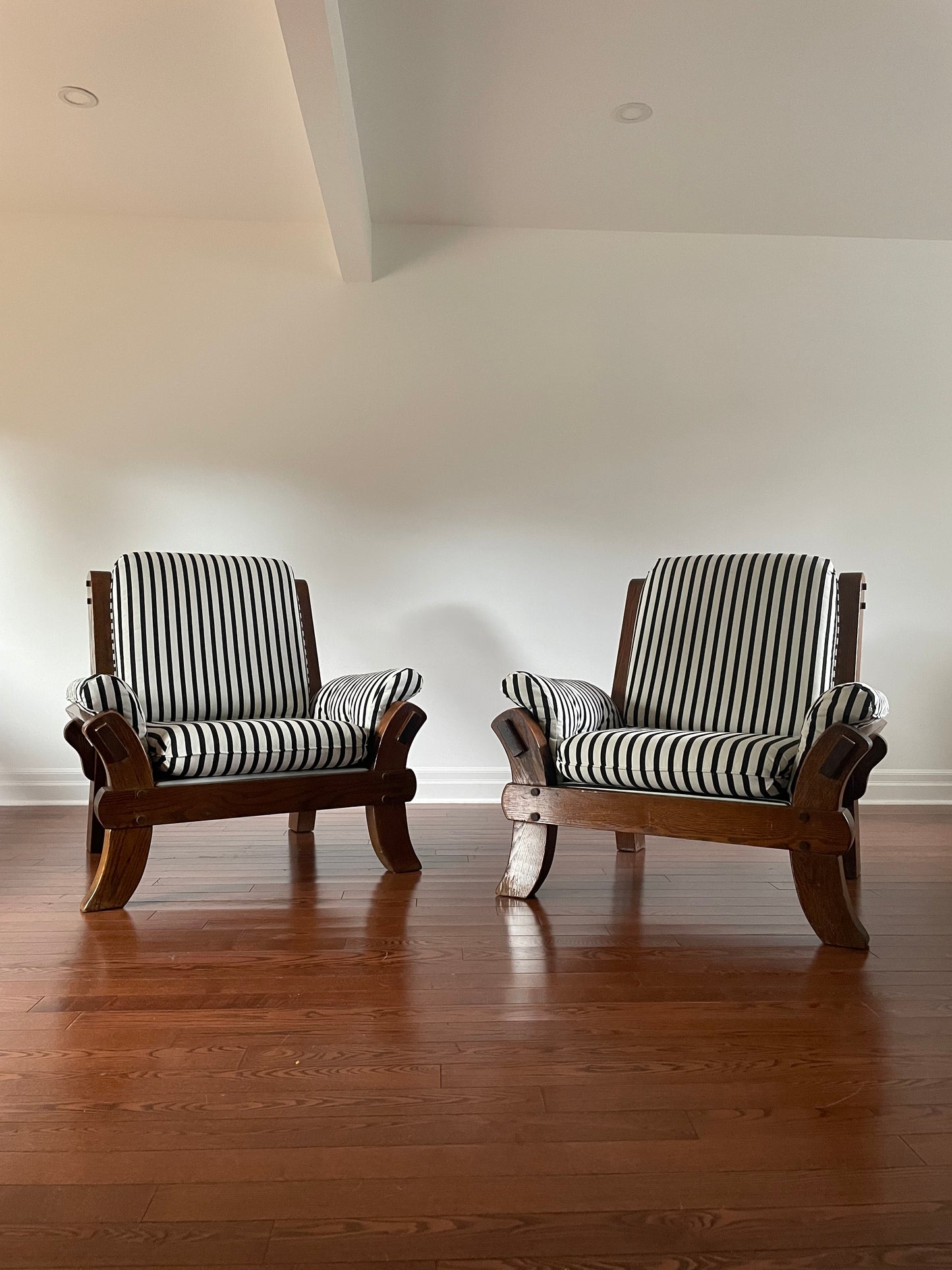 Solid Oak Art Deco Striped Arm Chairs