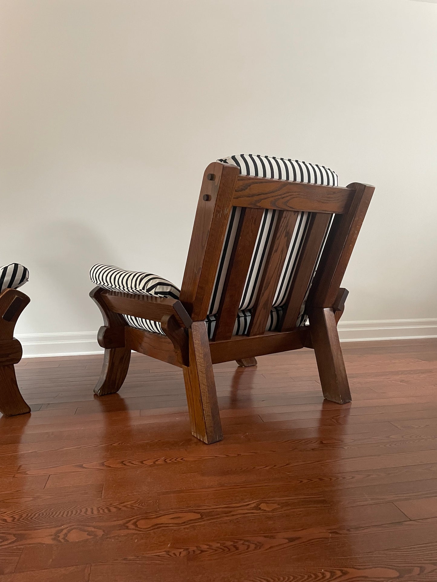 Solid Oak Art Deco Striped Arm Chairs