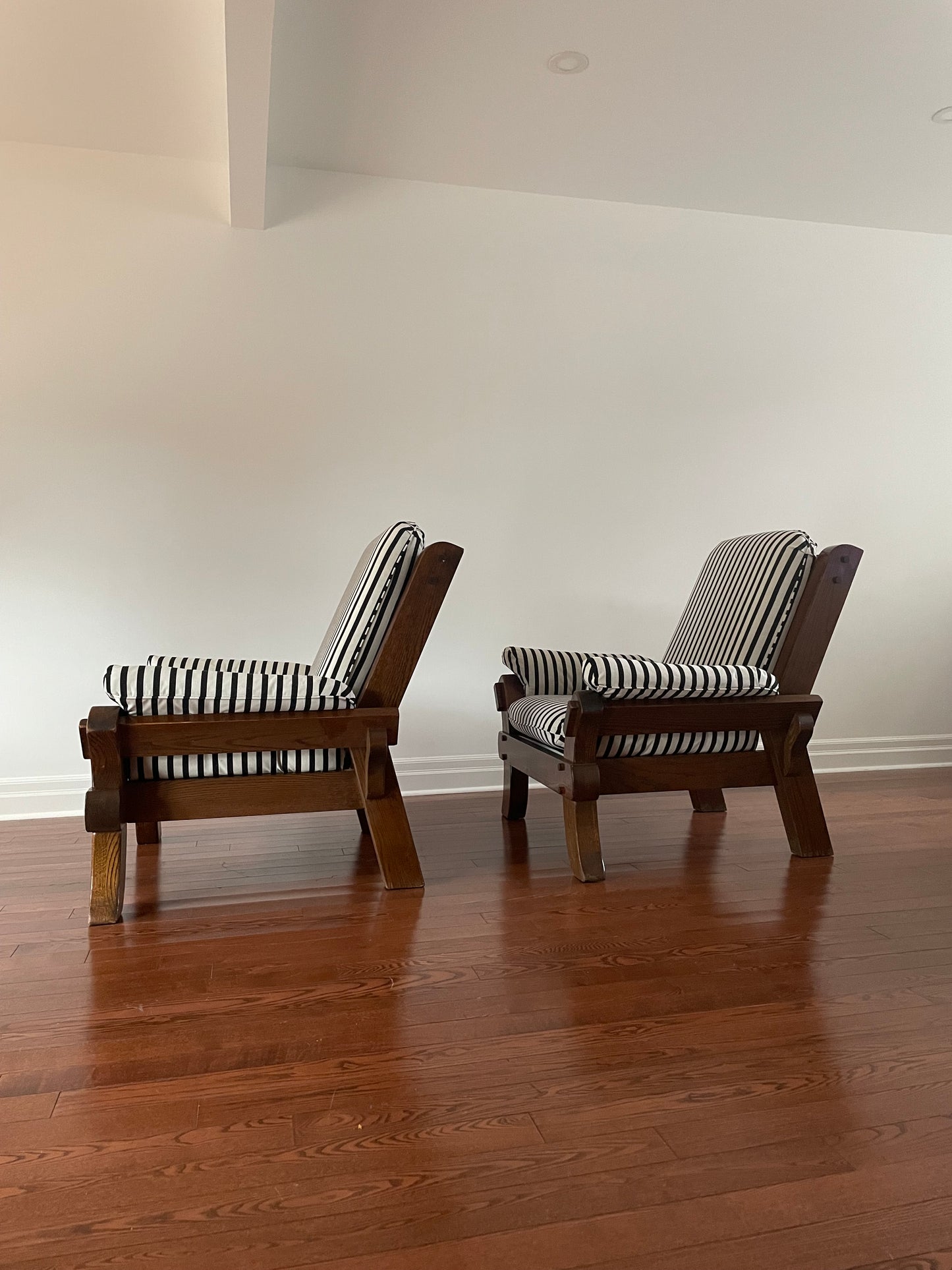 Solid Oak Art Deco Striped Arm Chairs