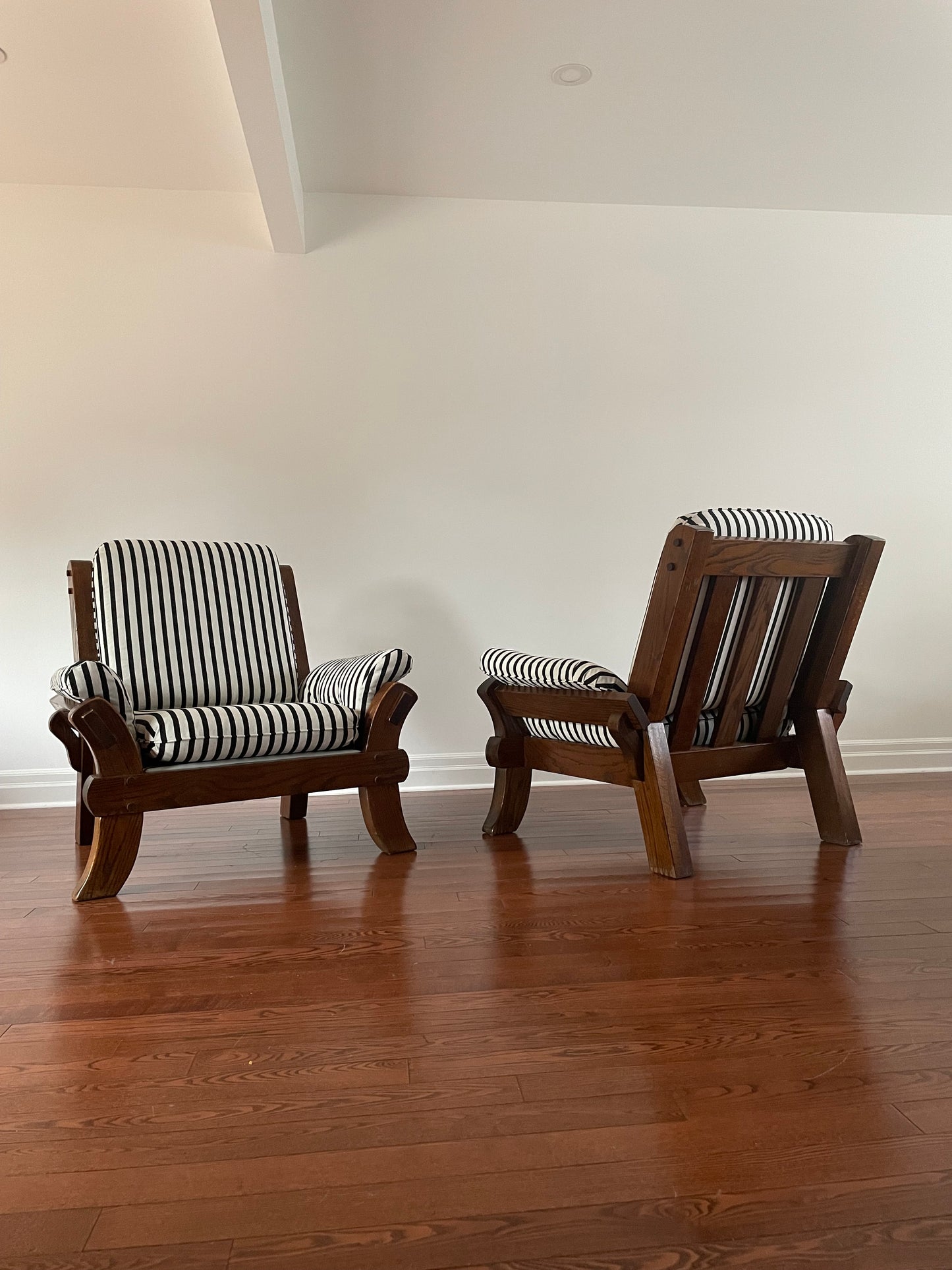 Solid Oak Art Deco Striped Arm Chairs